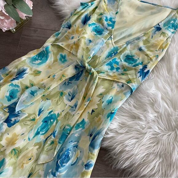 Vintage Ann Taylor Silk Light Green Floral Low Cut Tie Back Maxi Dress 6 - Picture 4 of 5